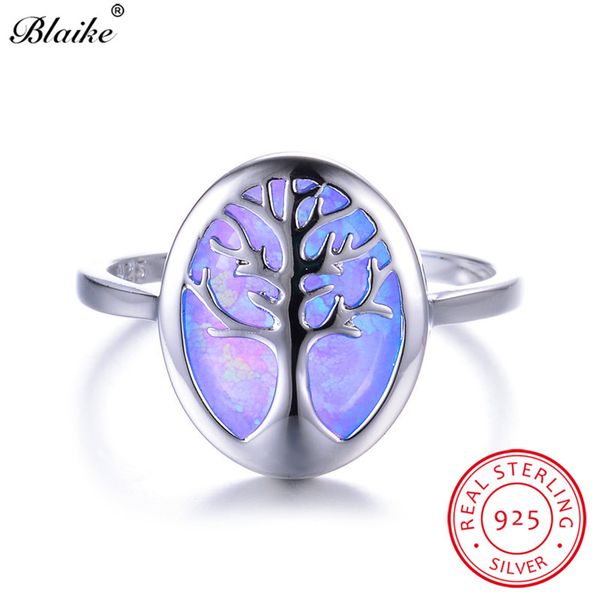 

blaike luxury blue/white fire opal cute life tree rings for women men s925 sterling silver birthstone fine jewelry graduate gift, Golden;silver
