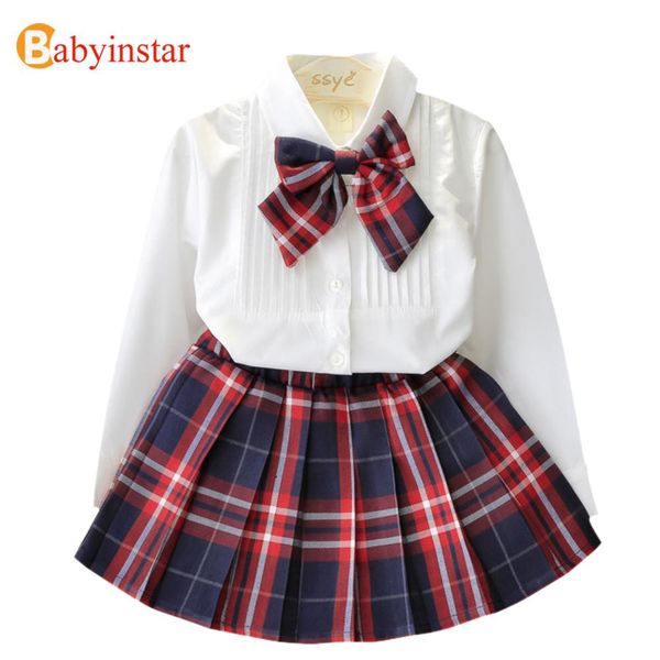 

babyinstar new 2018 girls clothing sets white shirts with bow tie+plaid skirt 2pcs autumn fashion apparel girls school uniform