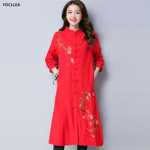 

2018 autumn winter new style women's coats chinese embroidery loose long cotton and linen single breasted double-deck coat, Tan;black