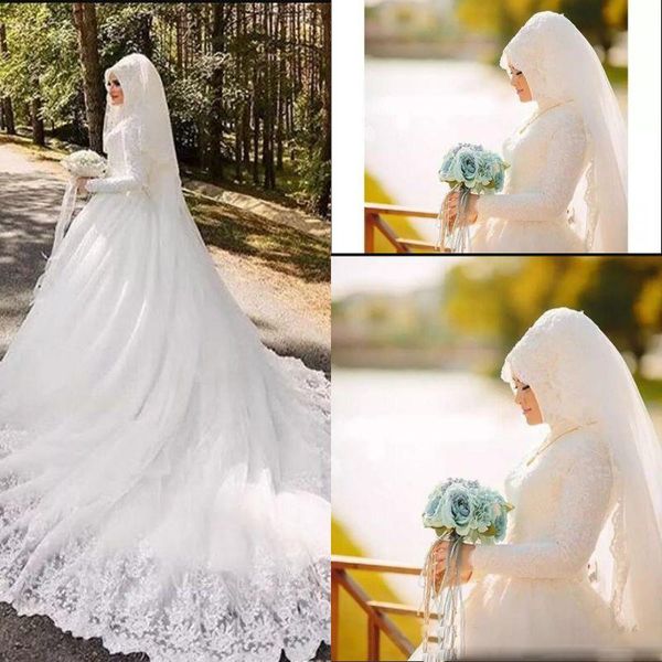 

muslim saudi arabic dubai middle east wedding dresses vintage high neck long sleeves appliqued vestidos de novia lace bridal wedding gowns, White