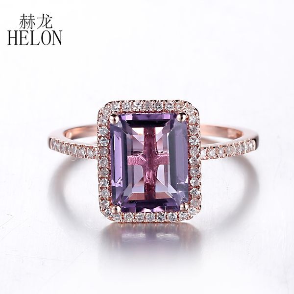 

helon solid 14k rose gold 9x7mm emerald cut 2.37ct purple amethyst pave diamond engagement wedding ring women jewelry fine ring, Golden;silver