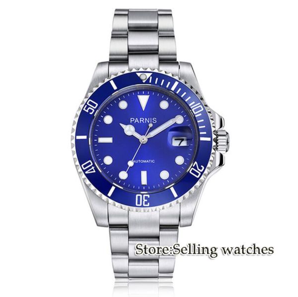 

wrist watch miyota automatic movement 40mm ss case blue dial luminous sapphire glass ceramic bezel men's watch men, Slivery;brown
