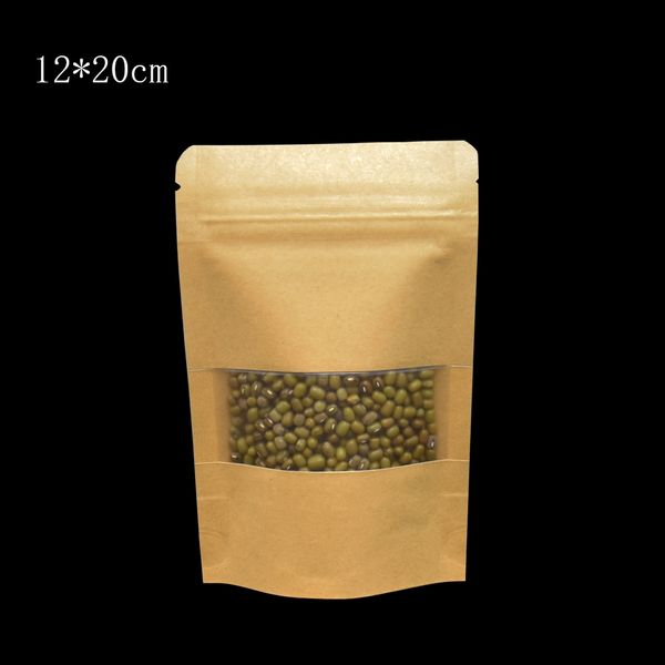 

12*20cm kraft paper with clear window stand up pack bags dried food storage bag doypack zip lock slippy kraft paper packing pouch 50pcs/lot