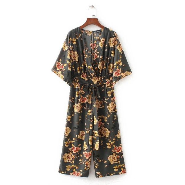 

Casual Vintage Floral V Neck Jumpsuits Wide Leg Pants Sashes Backless Pleated Fashion Rompers Summer Casual Playsuits
