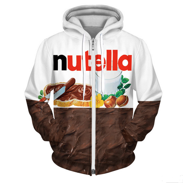 

wholesale- fashion womens/mens nutella funny 3d print zipper jumper sweatshirt hoodies ll020, Black;brown
