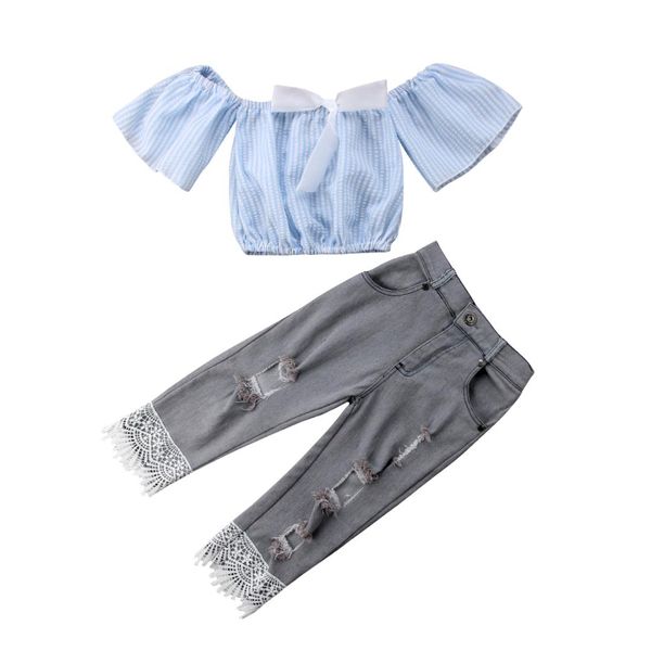 

cute kids baby girls striped off shoulder lace holes pants outfit clothes, White