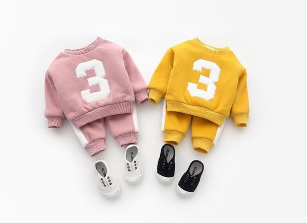 

2018 new baby boys and girls digital striped sweater casual pants plus velvet suit, White