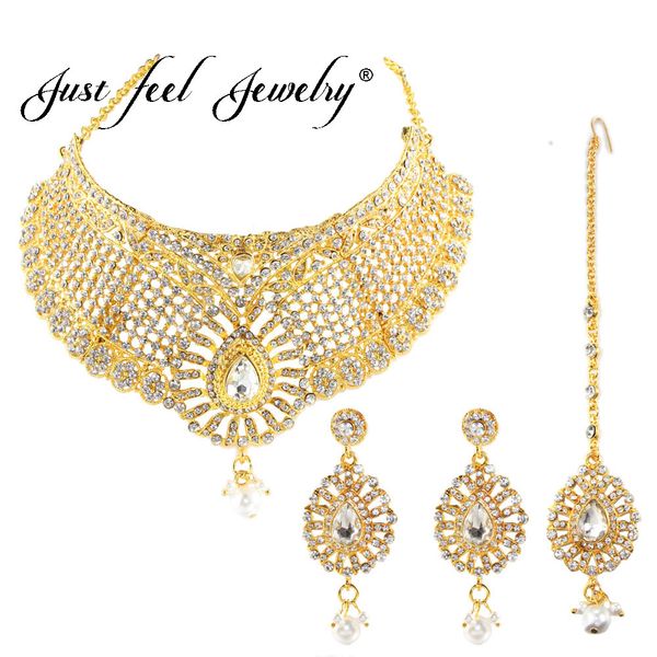 

just feel gold color wedding jewelry set for women water drop crystal imitation pearls necklace earring headdress sets bridal, Slivery;golden