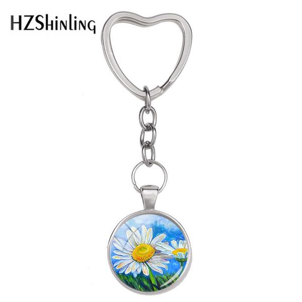 

2018 new white daisies heart keyring summer daisy keychain glass cabochon jewelry art silver p key rings accessory