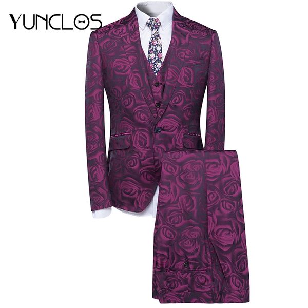 YUNCLOS Rose Printed Men Suit Fashion Party Wedding Suit For Men 3 Pieces Slim Fit Gentleman Suits Terno Masculino
