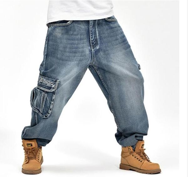 

2019 new hip hop mens baggy jeans cargo jeans with multi pockets ing, Blue