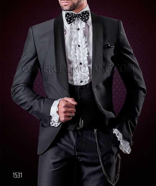 Moda Kömür Gri 3 Parça Suit Erkekler Düğün Smokin Yakışıklı Damat Smokin Şal Yaka Bir Düğme Erkekler Blazer (Ceket + Pantolon + Kravat + Yelek) 9