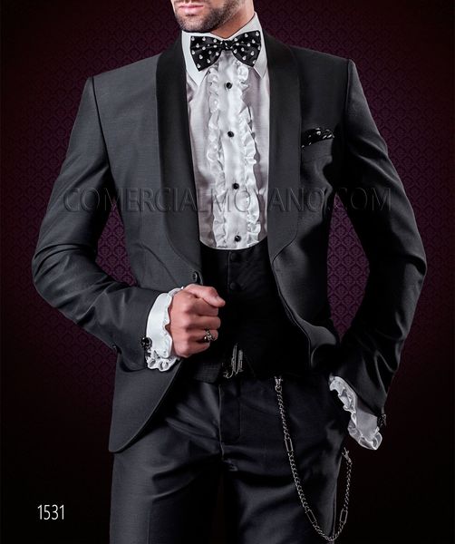 

fashion charcoal grey 3 piece suit men wedding tuxedos handsome groom tuxedos with shawl lapel one button men blazer(jacket+pants+tie+vest)9, Black;gray
