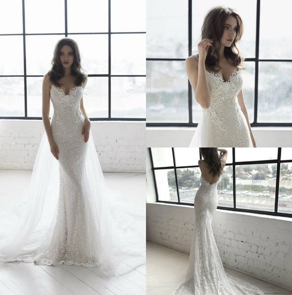 Sexy Julie Vino Mermaid Kleider Spaghetti Rückenless Kleider plus Größe Strand Spitzen Hochzeitskleid