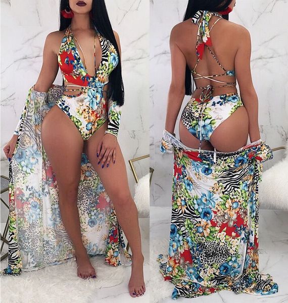 

beach wear women's spaghetti strap backless floral printed swimsuit one-piece bikini sets, White;black