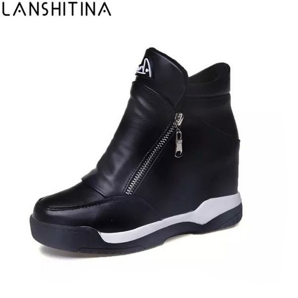 

2017 winter women's leather casual shoes height increasing ankle boots wedge boots heels hidden shoes woman platform zip, Black