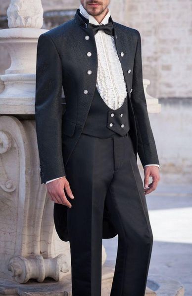 Mandarim Lapela Preto Tailcoat Noivo Smoking Estilo Manhã Homens Desgaste Do Casamento Dos Homens de Alta Qualidade Formal Do Partido Do baile de Finalistas Terno (Jaqueta + Calça + Gravata + Colete) 06)