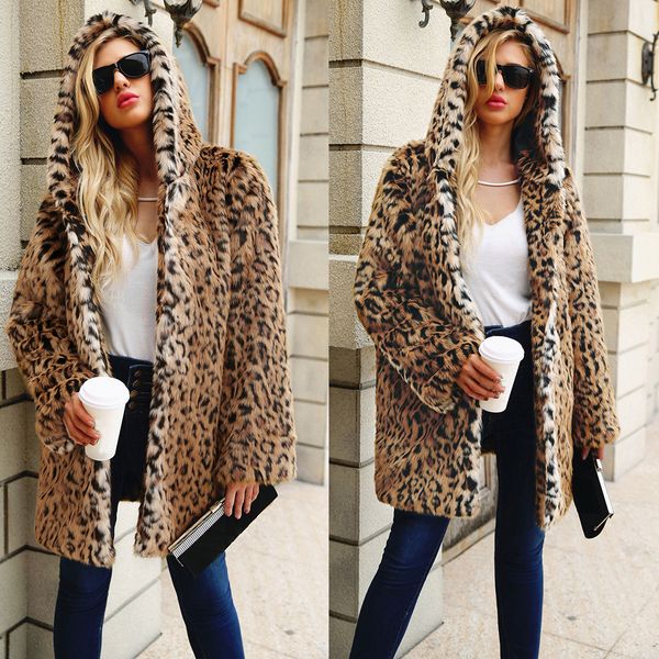 

winter women leopard print faux fur coat womens thick warm hooded long coats overcoat female fur jacket outwear, Black