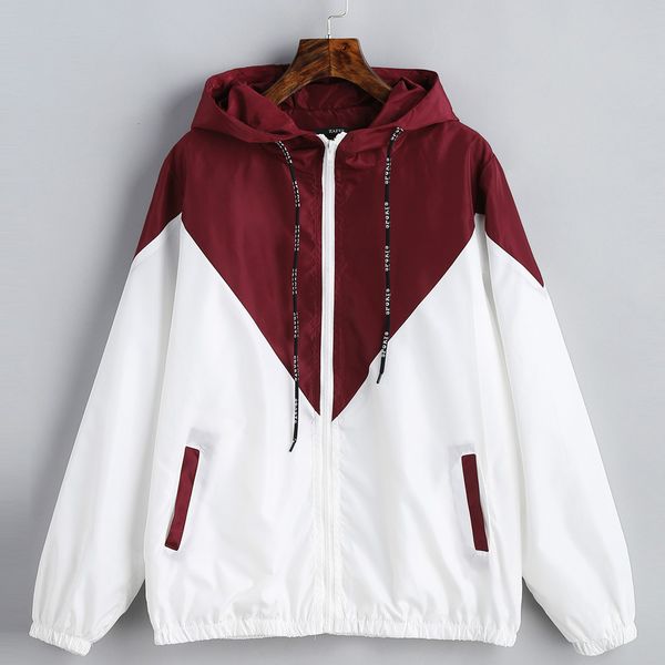 

women basic jackets autumn casual zipper patchwork drawstring sweatshirt fashion hooded female two tone windbreaker jacket, Black;brown