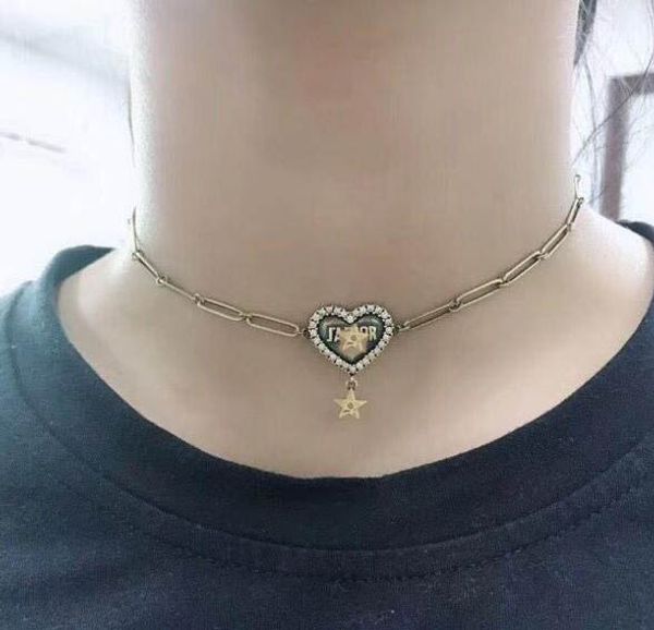 

High-end Retro Crystal Heart Shape Letters Pendant Chokers Necklace With Stamp Copper Chain Punk Necklace Women Girl Luxury Jewelry