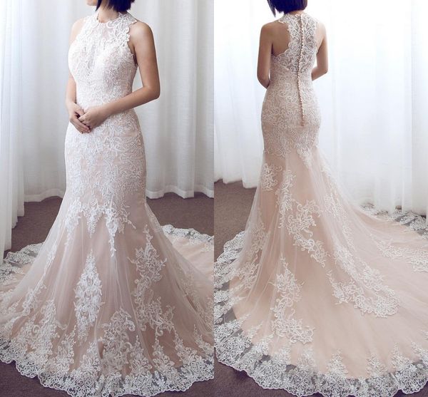 

new design light pink mermaid wedding dresses crew neck sleeveless lace appliqued bridal gowns beach garden wedding gowns arabic wear, White;pink