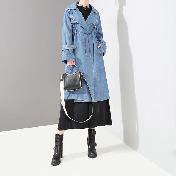 

2021 turn cowboy fashion streetwear collar spring autumn jackets ladies denim jean overcoat womens long down female casual coat egonm, Black