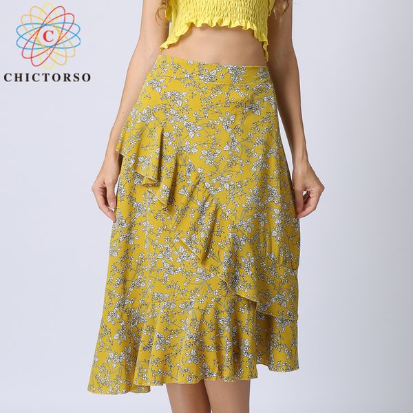 

chictorso vintage chiffon summer skirts ruffle floral boho skirt bohemian midi skirt yellow high waist skirts womens saia 2018, Black