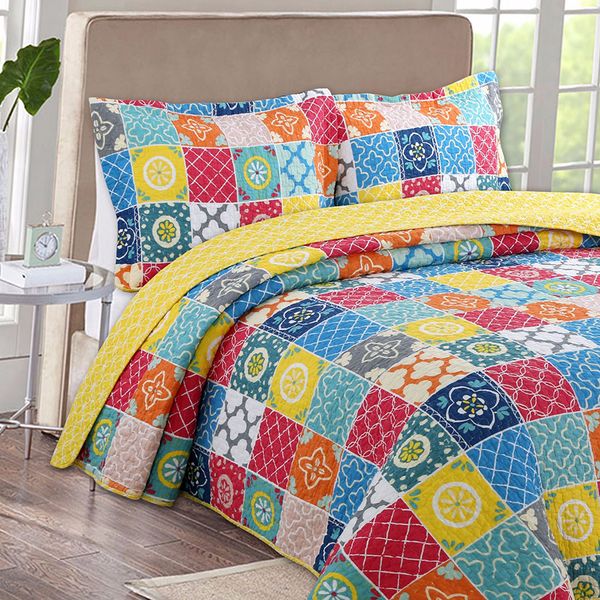 

pastoral style bedspread quilt set 3pcs coverlet patchwork printed cotton quilts bed cover pillowcase king size quilted blanket