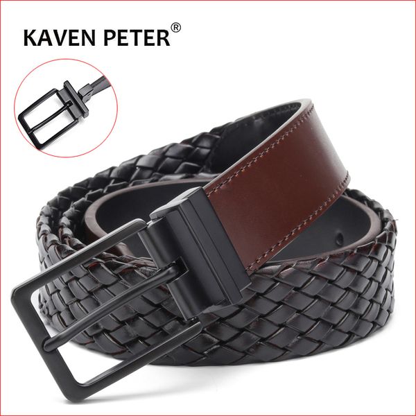 

designer belts men reversible knitted leather belt fashion male rotated buckle germany bonded leather braided strap, Black;brown