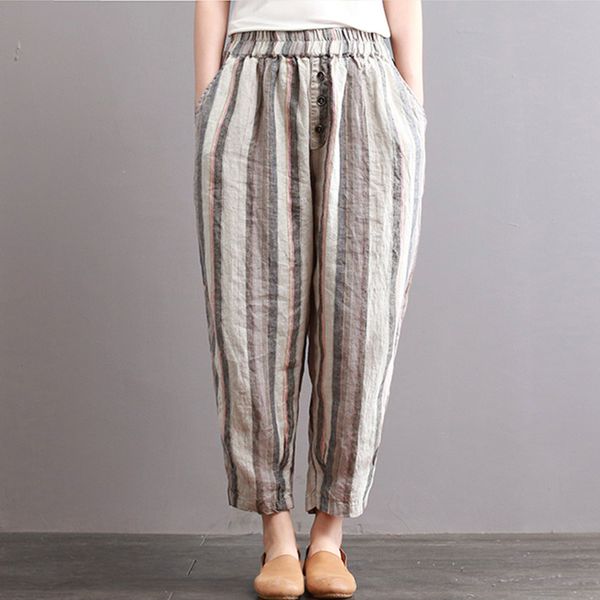 

zanzea 2018 women elastic waist striped casual cotton linen retro long harem pants loose pockets pantalon trousers plus size c18110901, Black;white