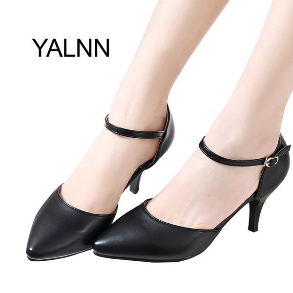 

yalnn spring summer basic women pumps shoes shallow buckle strap thin heels pointed toe for leisure office career shoes women, Black;white