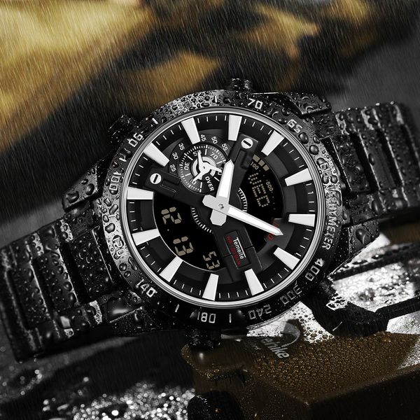 

temeite fashion cool men dual time digital watch waterproof led date display male full steel quartz wristwatch, Slivery;brown