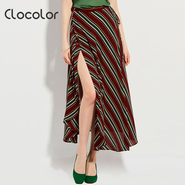 

clocolor woman skirt causal striped striaght split midi long skirt female summer vintage boho elegant beach casual skirts, Black