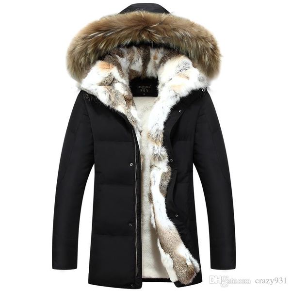 

winter men's duck down jackets coats real rabbit fur men women lovers fashion thick warm parka classic mens jaqueta masculina, Black