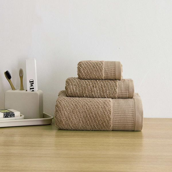 

3 pcs towel set 100% cotton brown pure/solid color soft home/l bathroom face towel bath