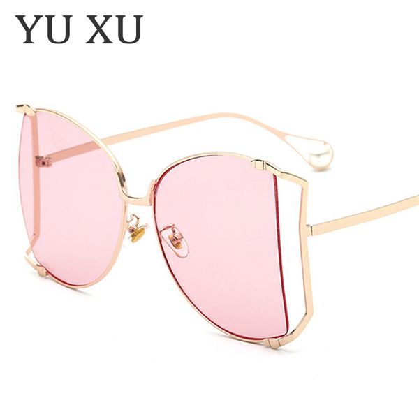 

yu xu new half frame oval sunglasses women brand designer fashion metal hollow sunglasses pearl decoration mirror glasses legs h105, White;black