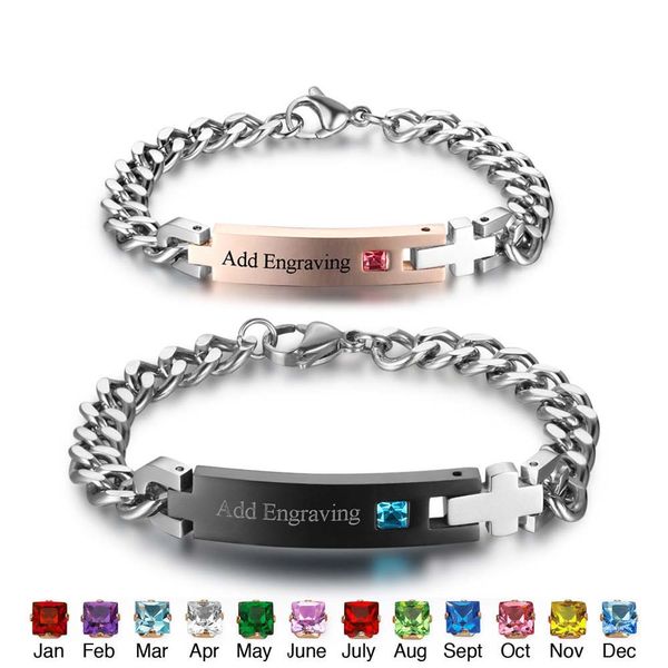 

customized birthstone & name id bracelets & bangles stainless steel love bracelets for couple her king his queen(ba101977, Black