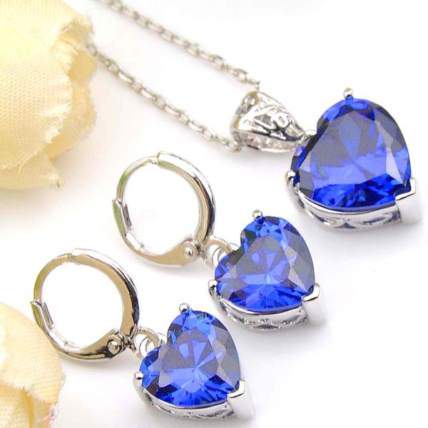 Hot 6 Set Topazio blu Gemme di zirconi cubici 925 Ciondoli a cuore in argento Collana Orecchini Fidanzamento di nozze Matrimoni Set di gioielli