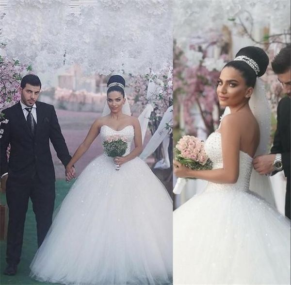 

sparkly 2018 said mhamad beaded ball gown wedding dresses pearls layered beaded tulle sweep train zipper back wedding bridal gowns, White