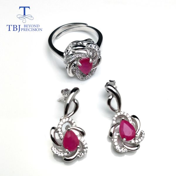 

tbj,natural pe5*7 2.7ct vivid red ruby ring and earring jewelry set in 925 sterling silver for women anniversary wedding gift, Black