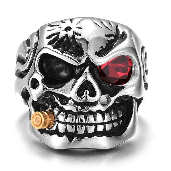 

men's solid skull ring gothic punk biker rider red/white eyes ring vintage stainless steel skeleton finger band rings men jewelry, Golden;silver