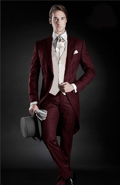 

morning style burgundy tailcoat groom tuxedos eiegant men wedding wear men formal prom party suit(jacket+pants+tie+vest) 965, Black;gray