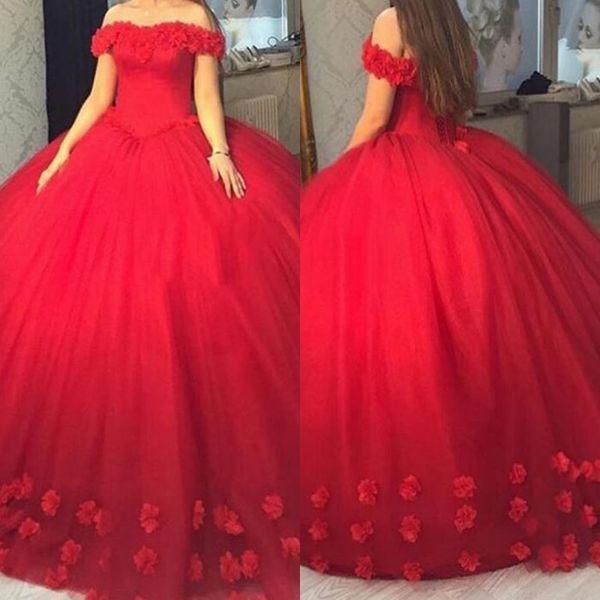 

2018 Красный бальное платье Quinceanera платья с плеч корсет спинки ручной цветы сладкий