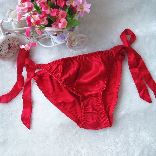 

wholesale 2pcs lady's silk underwear 100% silk triangle bikini adjustable tied low rise briefs underpants panties, Black;pink