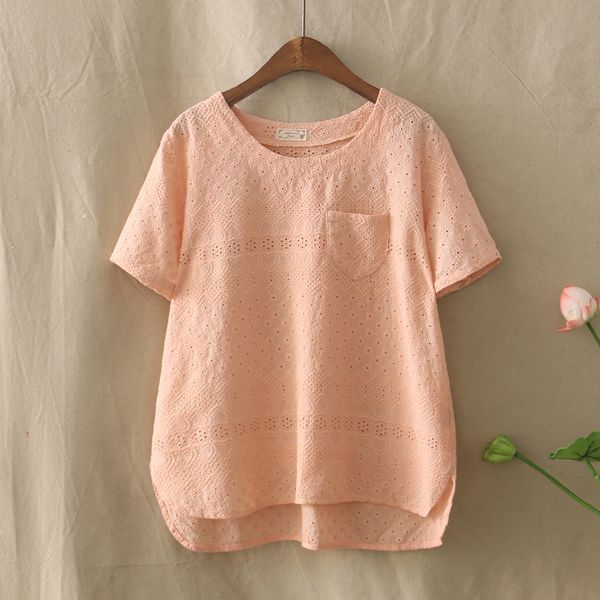 

summer comfortable cotton linen women casual short-sleeved t shirt breathable hollow out ladies irregular pocket tees femme, White