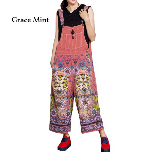 

jumpsuits ankle-length vintage printing cotton loose casual suspenders jumpsuits for women, Black;white