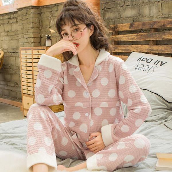 

nursing nightgown pregnancy sleepwear maternity pajamas thickening cotton long sleeve clothes winter nursing pajamas a149, White