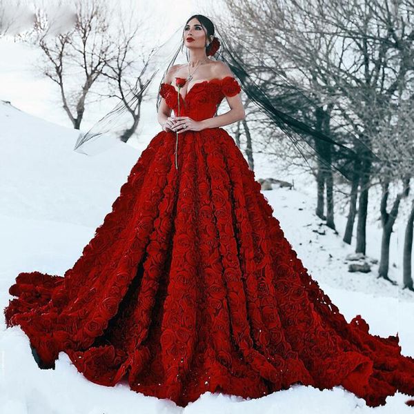 

gorgeous red a-line abric dubai wedding dresses off shoulder 3d flowers backless bridal gowns court train plus size wedding wear, White