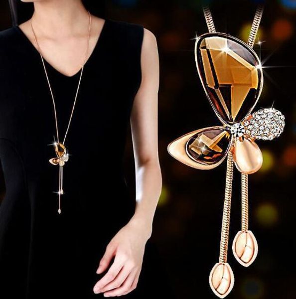 

new style new crystal butterfly sweater chain women's fashion long tassel necklace dress dress dress accessories fashion classic exquis, Silver