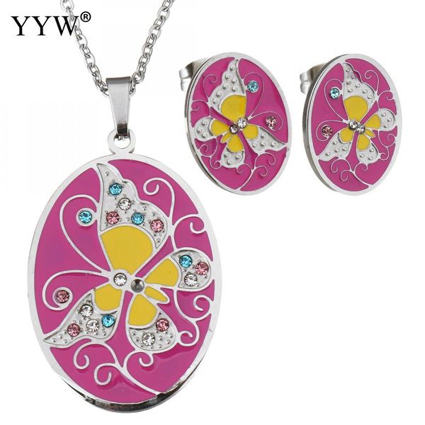 

women enamel jewelry set lovely butterfly flat oval pendant necklace & stud earrings original color stainless steel jewelry set, Silver
